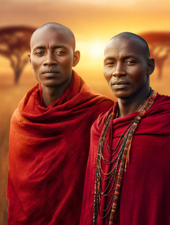 Portrait of two Maasai men wearing traditional red shukas and colorful necklaces in the savannah at sunsetの素材