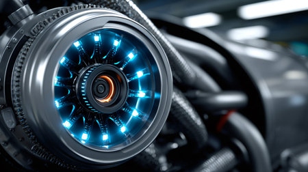 Close up of a futuristic engine core emanating a vibrant blue glow, showcasing advanced technology in a dark industrial environmentの素材