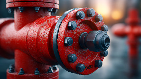 Close up of wet red industrial pipe with bolts and condensation, blurred background suggests industrial settingの素材