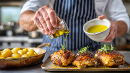 Chef adding finishing touch to roasted chicken with rosemary and potatoes, pouring aromatic olive oilの素材