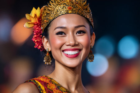 Portrait of a Balinese dancer smiling, wearing traditional gold headdress, costume and flower in hairの素材