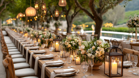 Long wooden table beautifully decorated with flower arrangements, candles, and lanterns, creating a magical atmosphere for an outdoor wedding receptionの素材