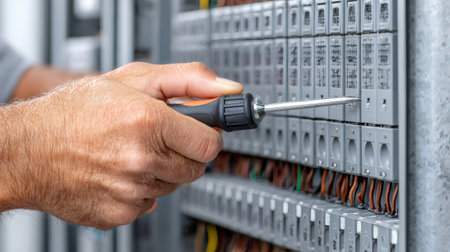 Hand of electrician using screwdriver tightening screw on industrial control panelの素材