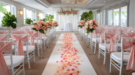 Wedding aisle decorated with pink flower petals leading to a floral arch, creating a romantic atmosphereの素材