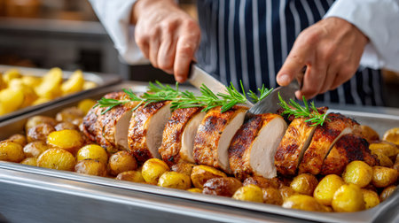Professional chef slicing juicy, roasted turkey breast with rosemary and potatoes, preparing a delicious meal in a commercial kitchenの素材