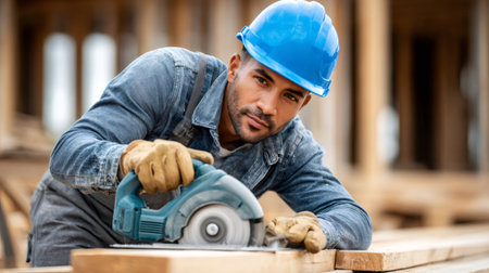 Confident construction worker cutting wood planks using a circular saw during building constructionの素材
