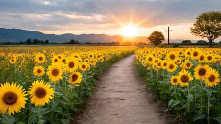 Dirt path leading through a field of sunflowers at sunset with a cross and mountains in the backgroundの素材