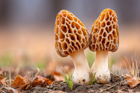 Two morel mushrooms are growing from the forest floor, showcasing their unique honeycomb textureの素材