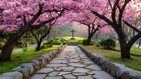 Scenic view of a stone path leading to a cross under blooming cherry blossom trees in a serene garden, creating a tranquil and spiritual atmosphereの素材