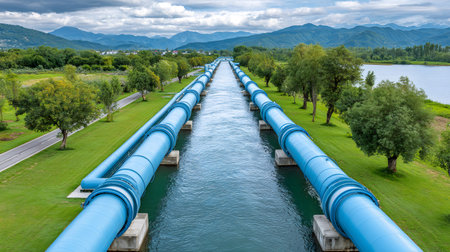 Four large blue water pipes are running through a green landscape, conveying water, with mountains in the backgroundの素材
