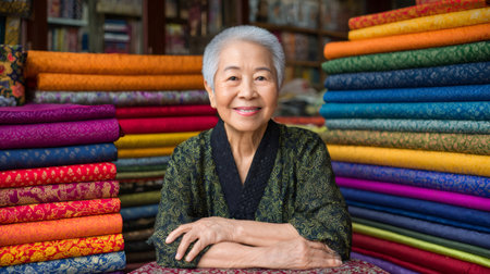Asian senior woman selling colorful fabrics in her shopの素材
