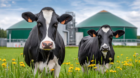 Cows graze peacefully in a field, with a biogas plant in the background, symbolizing sustainable farming practicesの素材