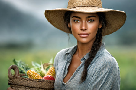 Young woman farmer is harvesting fresh vegetables from her farmの素材