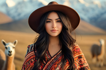 Young woman wearing traditional Andean clothing poses in a field with llamas and mountains in the backgroundの素材