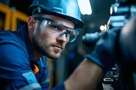 Industrial worker operating machinery wearing safety glasses and a hard hat in a factory settingの素材