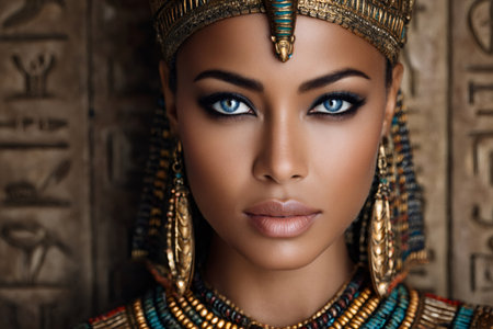 Studio portrait of attractive model wearing elaborate golden headdress and jewelry, representing an ancient Egyptian queenの素材