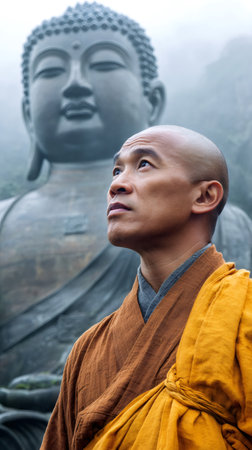 Buddhist monk wearing traditional robes contemplating spirituality near a large buddha statueの素材