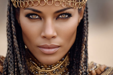 Studio portrait of a beautiful Egyptian queen wearing gold jewelry and braided hairの素材