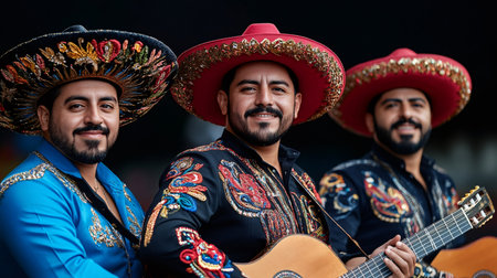 Mariachi musicians smiling while playing guitars and wearing traditional sombrerosの素材