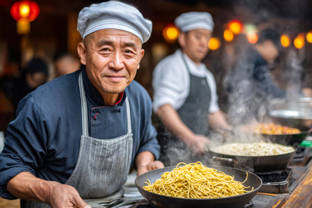 Asian chef preparing delicious street food noodles in a busy market settingの素材