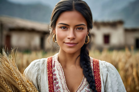 Confident female farmer smiling and holding a bunch of wheat in a cultivated fieldの素材