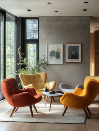 Colorful mid-century modern seating area with yellow, red, and gray chairs.の素材