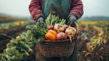 Farmer is holding a wicker basket full of freshly harvested organic vegetables in a fieldの素材