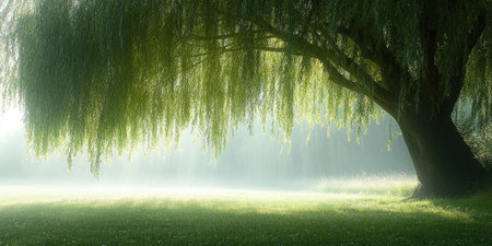 Sunlight shining on a grassy field with a large weeping willow tree casting a shadow on the lawnの素材