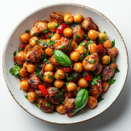 Spicy chickpea and pork stew garnished with fresh herbs in a bowl, over white backgroundの素材