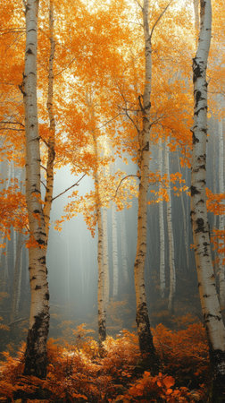 Sunlight shines through a foggy autumn forest full of golden birch treesの素材