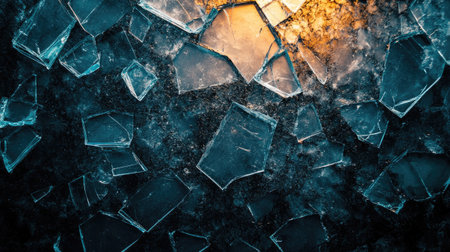 Sharp pieces of broken glass reflecting warm light are creating an abstract backgroundの素材