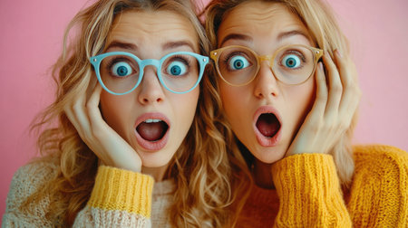 Two surprised female friends wearing colorful sweaters and eyeglasses holding their faces in their hands while gasping at something unbelievableの素材