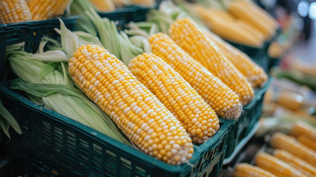 Fresh corn cobs in crates are ready to be sold at the farmers marketの素材