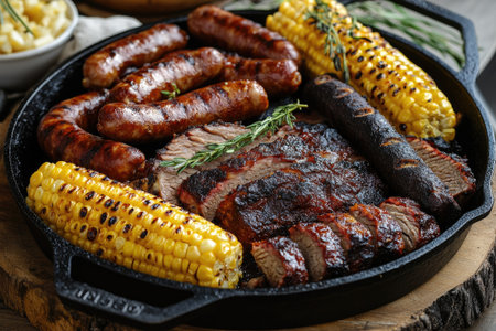 Delicious grilled sausages and corn serving with sliced roast beef on cast iron panの素材
