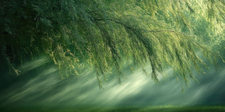 Sun rays shining through weeping willow tree branches on a foggy morning in the forestの素材