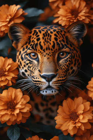 Beautiful leopard is staring through orange flowers in the jungleの素材
