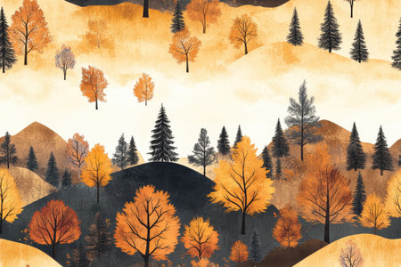 Seamless pattern of a simple autumn forest landscape with rolling hills, perfect for backgrounds and patternsの素材