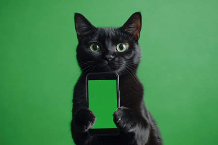 Black cat holding a smartphone with green chroma key screen on a green background, perfect for animal loversの素材