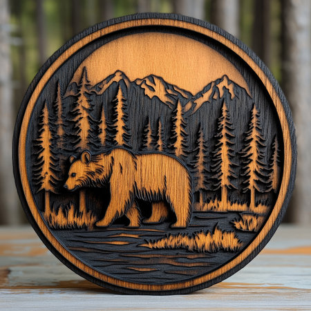 Wood art depicting a brown bear walking through a forest with mountains in the backgroundの素材