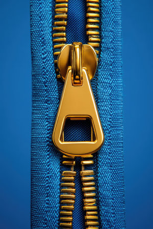 Golden zipper fastener on blue fabric is closing up with macro detail of teethの素材