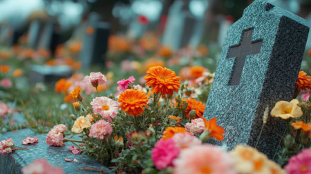 Colorful flowers are blooming near a gray tombstone with a cross on itの素材