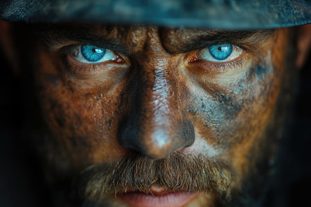 Close-up portrait of a coal miner with piercing blue eyes, his face covered in sootの素材