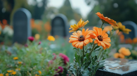 Orange daisies are bringing life to a cemetery in the fallの素材