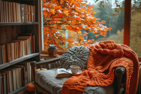 Inviting armchair sits by a window with fall foliage visible outside, with a warm knit blanket, book, and cup of teaの素材