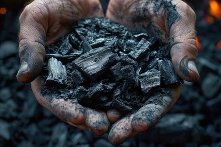 Coal miner is holding pieces of coal in his hands, his gloves covered in coal dust, highlighting the demanding nature of his jobの素材