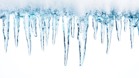 Sharp icicles are hanging from a snow covered roof with a white backgroundの素材