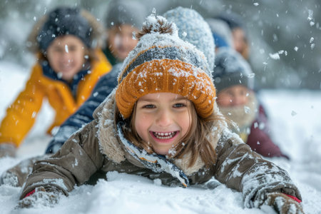 Girl is lying on the snow and smiling with her family behind her, all enjoying a winter dayの素材