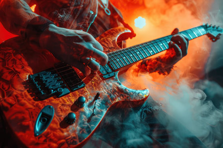 Guitarist is rocking out on stage with scenic lighting and a fog machineの素材