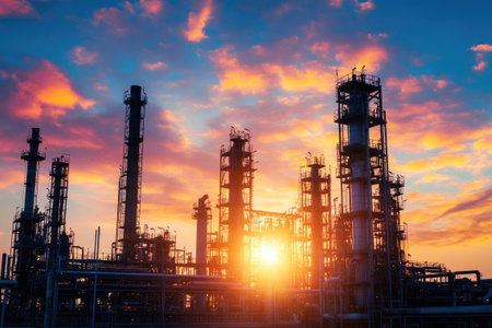 Petrochemical plant is silhouetted by the setting sun, creating a dramatic and colorful skyの素材