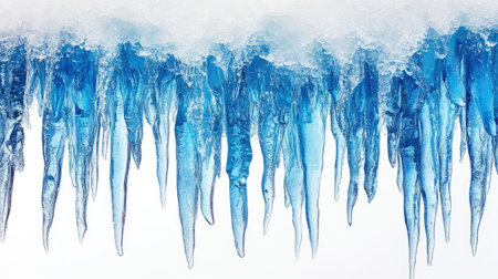 Sharp icicles are hanging from a snow covered roof with a white backgroundの素材